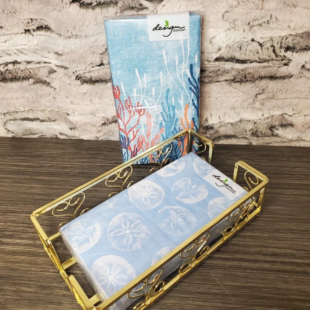 Gold Metal‎ Napkin Holder + 2 Packs Party Beach Themed Undersea Paper Napkins
